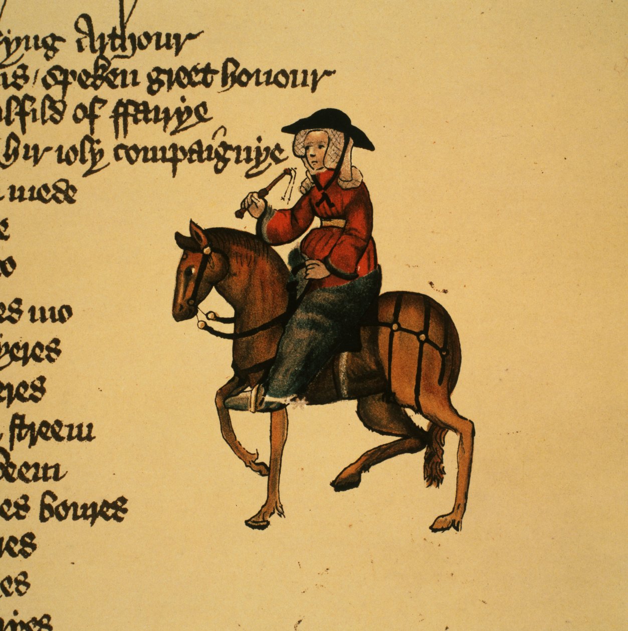 La Moglie di Bath, (dettaglio) da I Racconti di Canterbury di Geoffrey Chaucer (c.1342-1400) Manoscritto Ellesmere, edizione facsimile, 1911 da English School