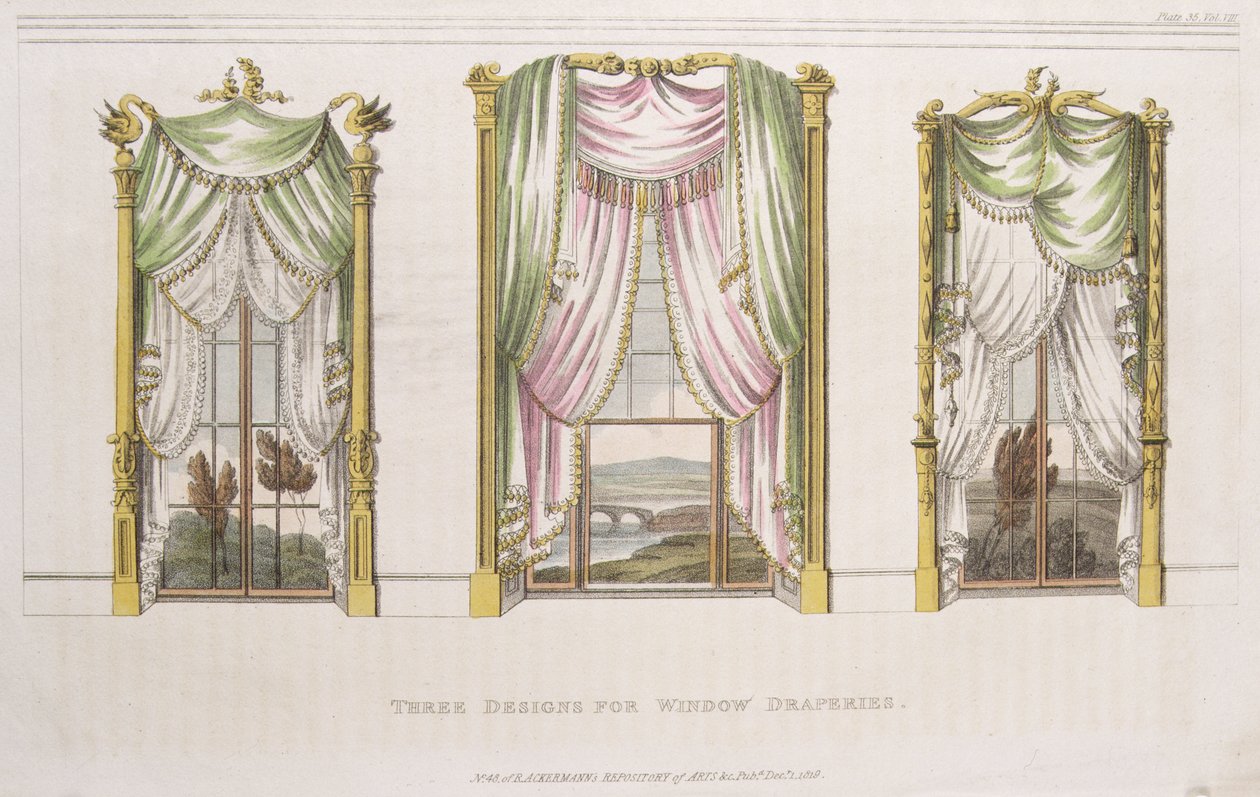 Tre disegni per tende, tavola 107 da Ackermanns Repository of Arts, pubblicato nel 1819 da English School