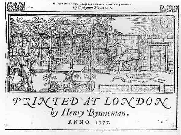 Pagina del titolo di un libro sul giardinaggio di Dydymus Mountaine, pubblicato nel 1577 da English School