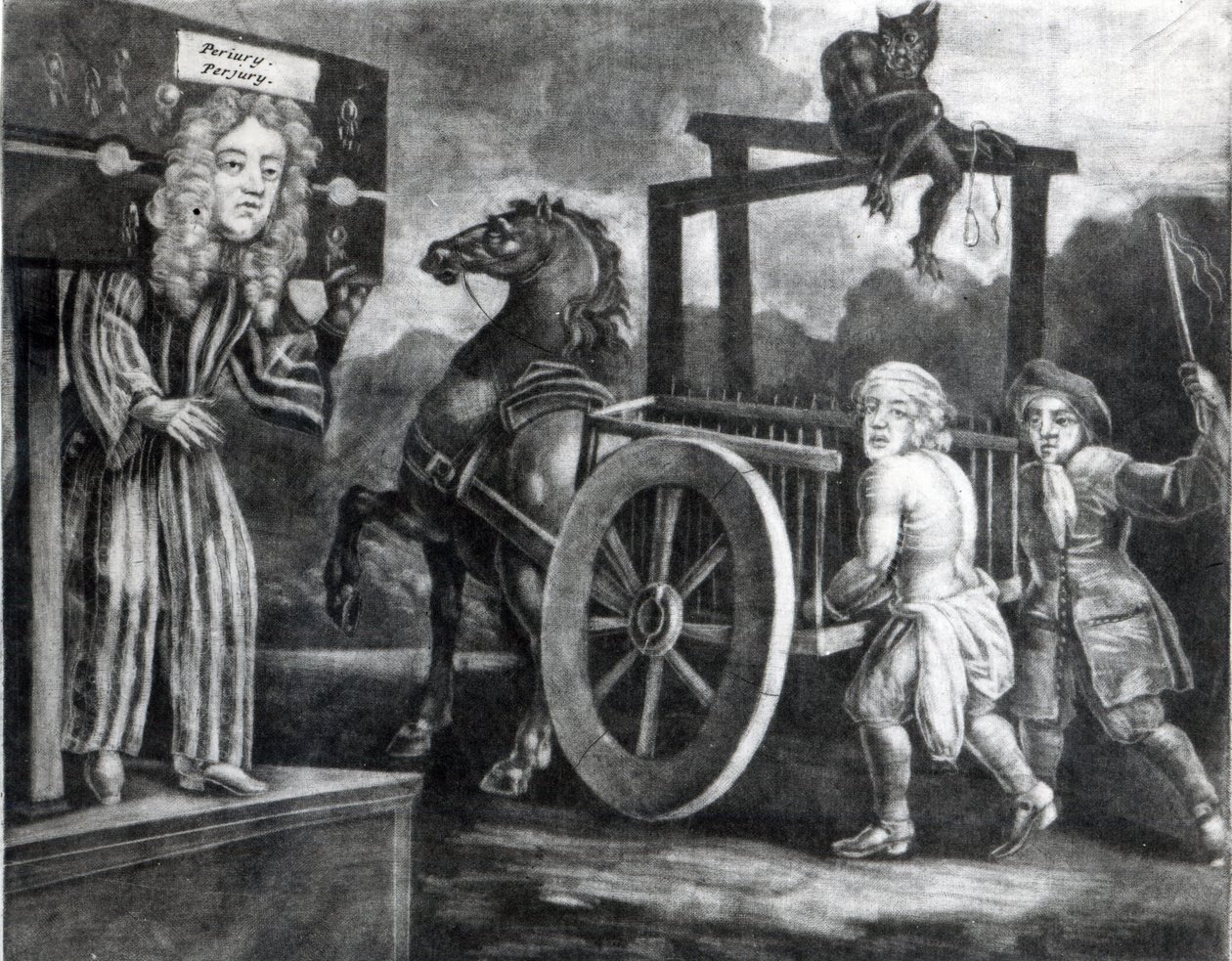 Titus Oates al terzo giorno della sua punizione nel 1685, quando fu spogliato, legato a un carro e frustato da Aldgate a Newgate da English School