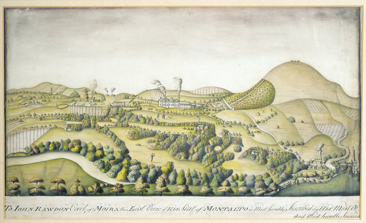 Vista orientale della residenza di John Rawdon, conte di Moira, c.1800 da English School