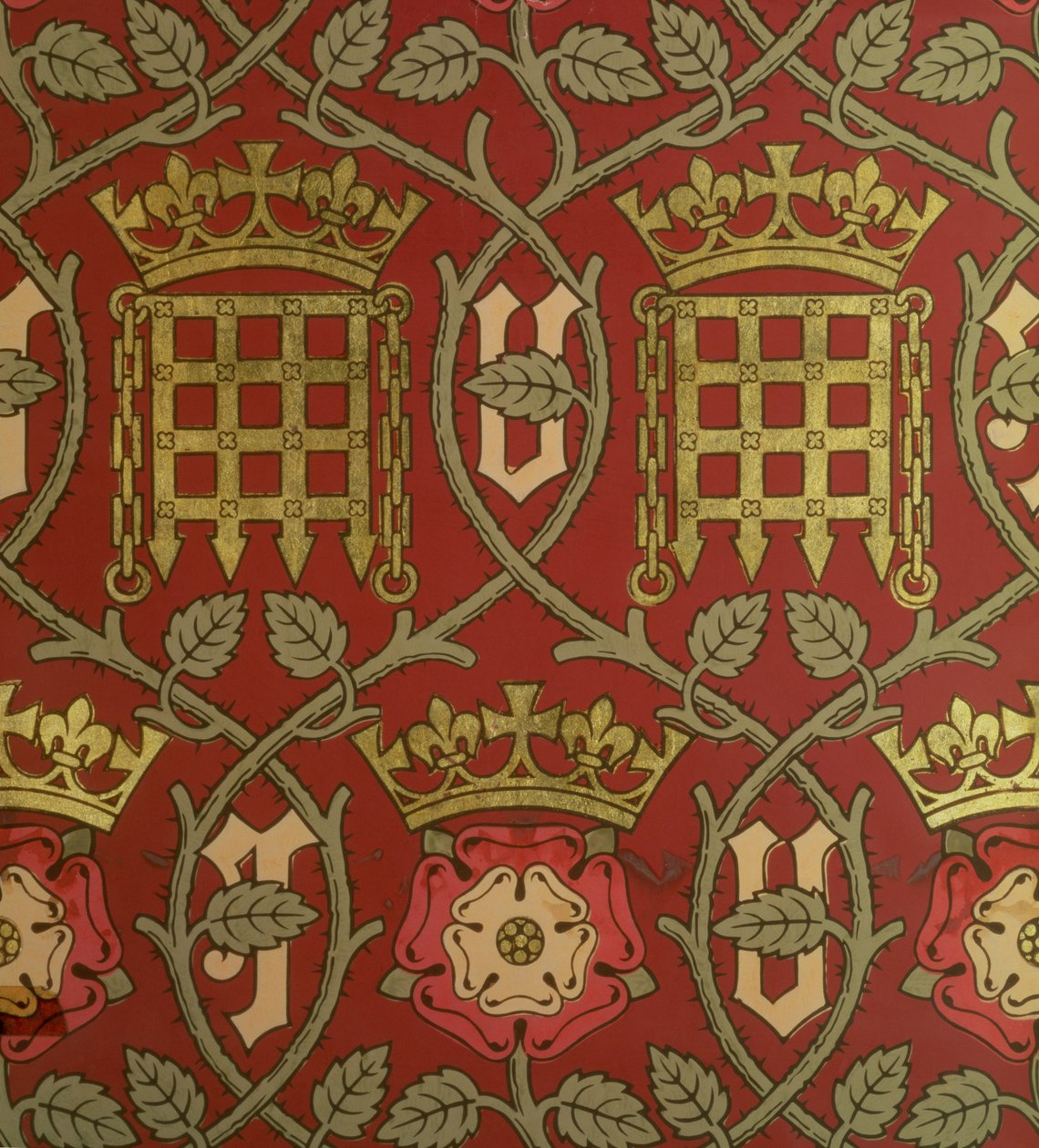 Rosa Tudor, carta da parati riprodotta disegnata da S. Scott e prodotta da Cole & Sons, dopo un disegno di Augustus Charles Pugin per le Camere del Parlamento, 1845-50 da English School
