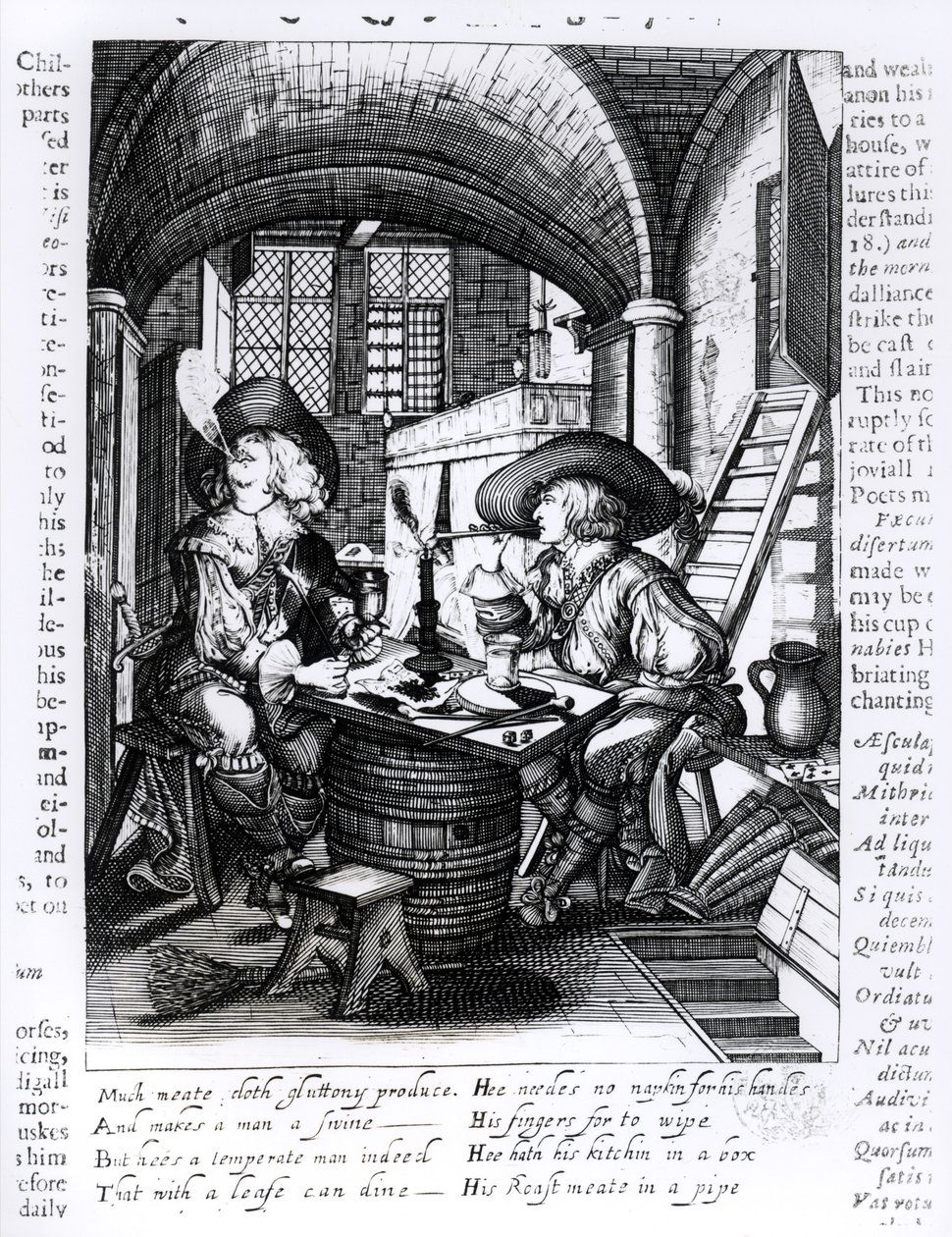 Due giovani nobili che fumano, illustrazione pro-fumo dal regno di Giacomo I (1566-1625) da English School