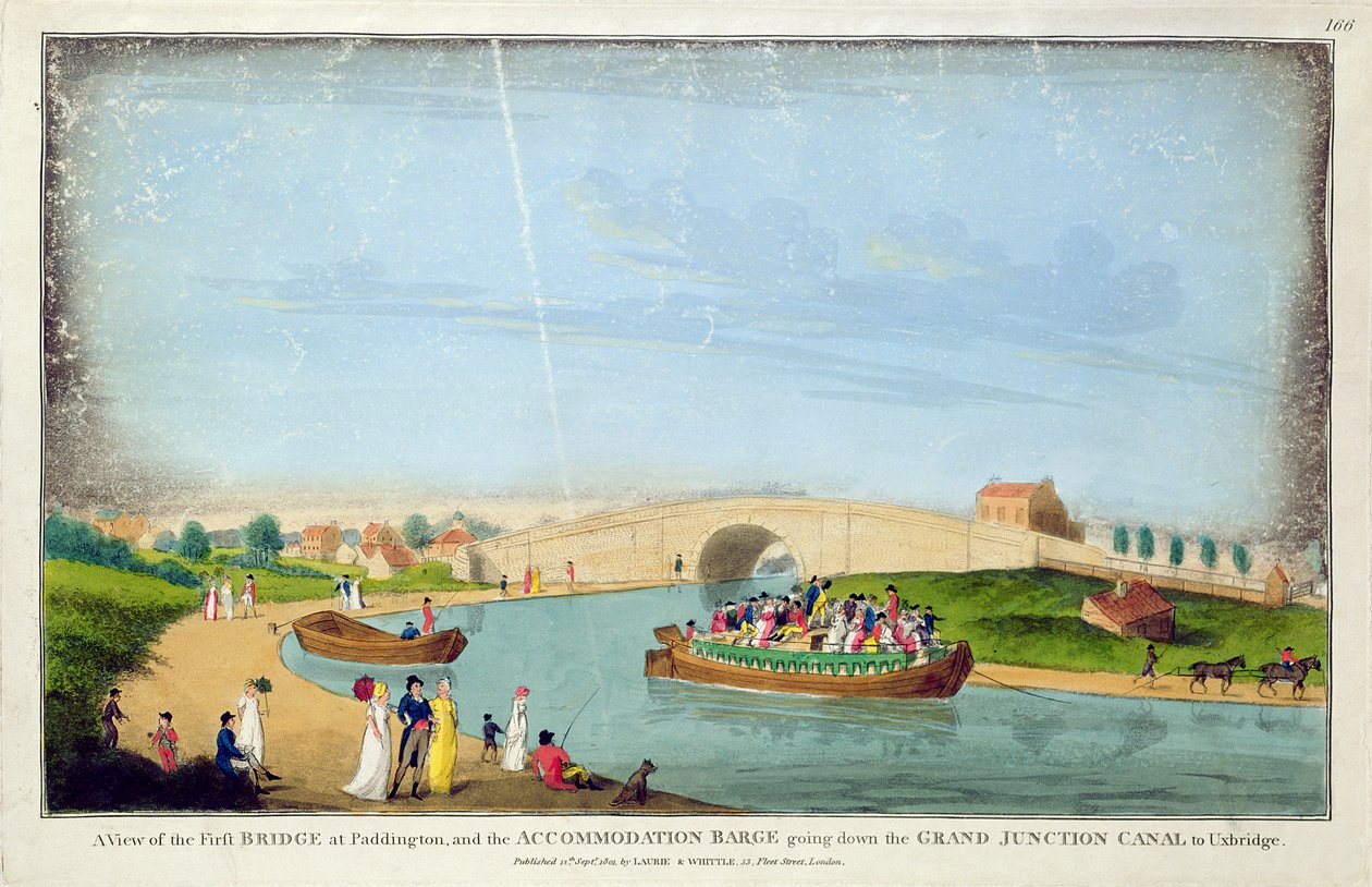 Vista del Primo Ponte, Paddington e la chiatta di alloggio che scende il Grand Junction Canal verso Uxbridge, 1801 da English School