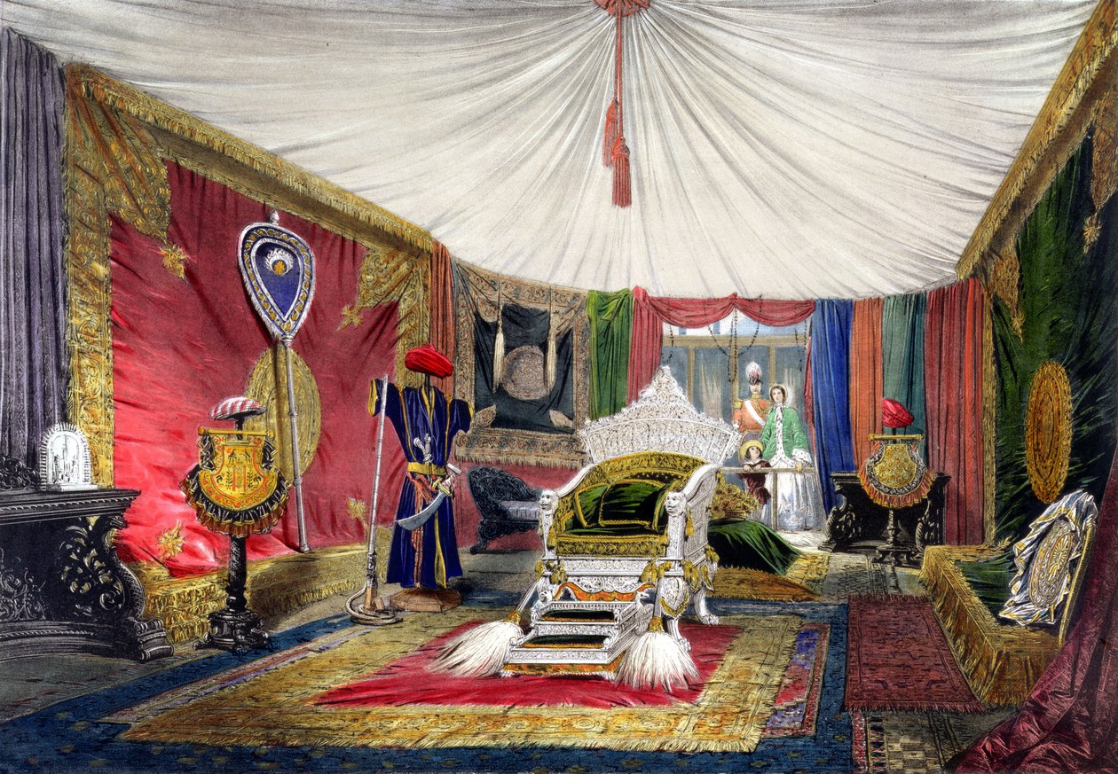 Veduta della stanza con tenda e trono intagliato in avorio, nella sezione India della Grande Esposizione del 1851, da Dickinsons Comprehensive Pictures da English School
