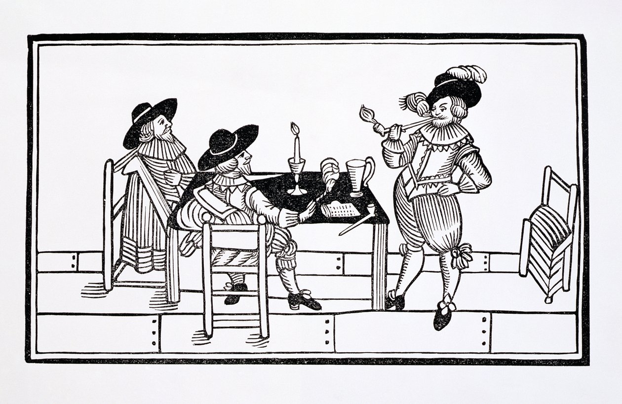 Vignaioli in una taverna Tudor, da un foglio volante Health to All, 1642 da English School