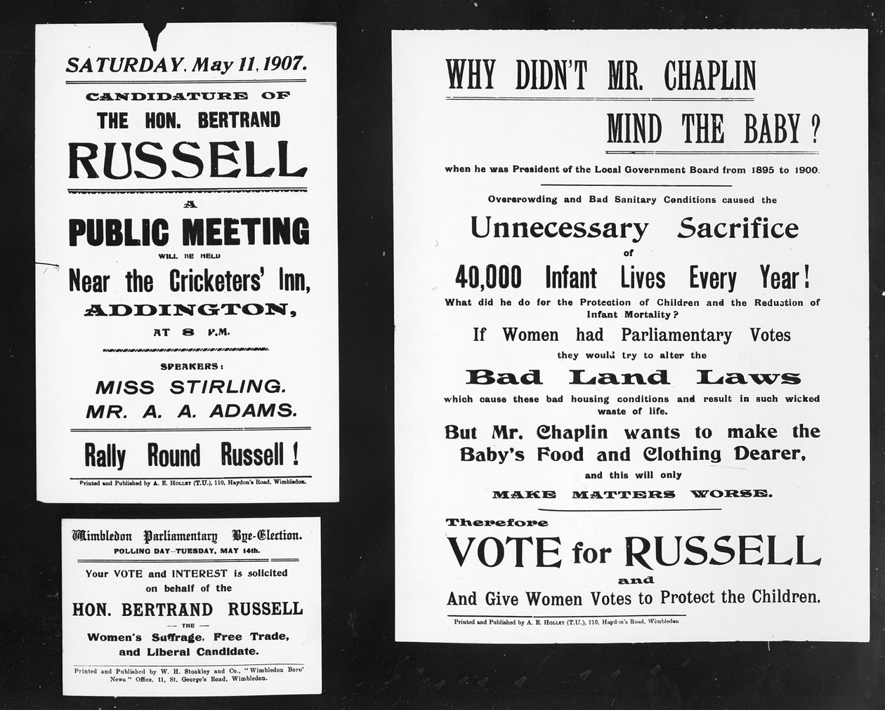 Perché il signor Chaplin non si è occupato del bambino, manifesti dalla campagna elettorale di Bertrand Russell, 1907 da English School