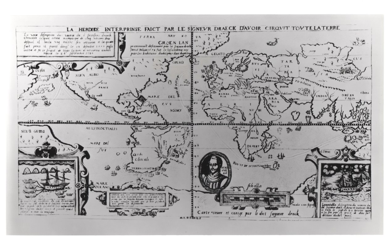 Mappa del mondo che dettaglia le spedizioni e la circumnavigazione globale di Sir Francis Drake (c.1540-96) 1577-2580 da English School