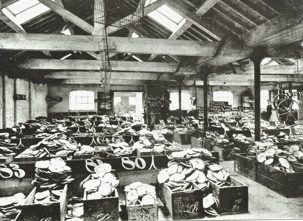Bull Wharf, interno del magazzino delle conchiglie, Londra, 1890 da English Photographer