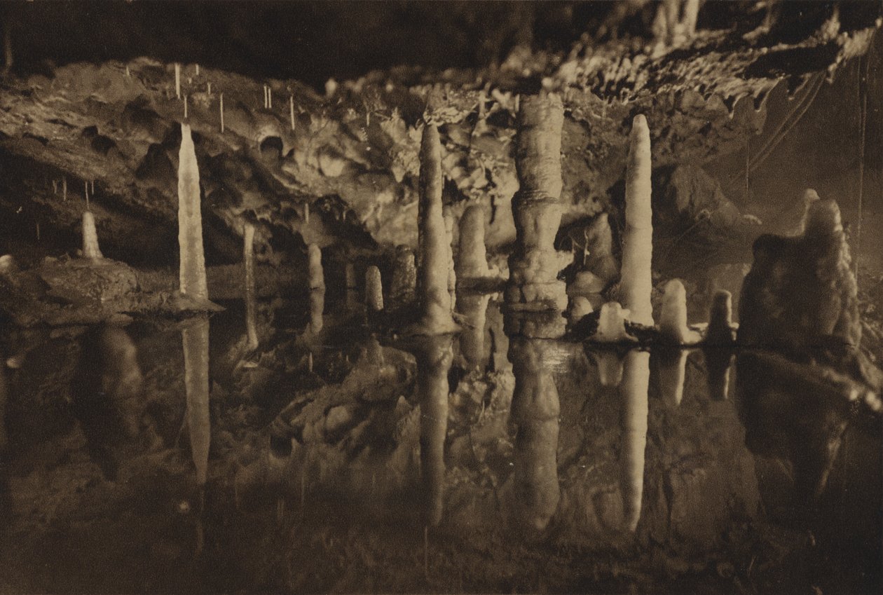 Grotte di Cheddar: Pilastri di stalagmite, un bel gruppo riflesso (foto b/n) da English Photographer