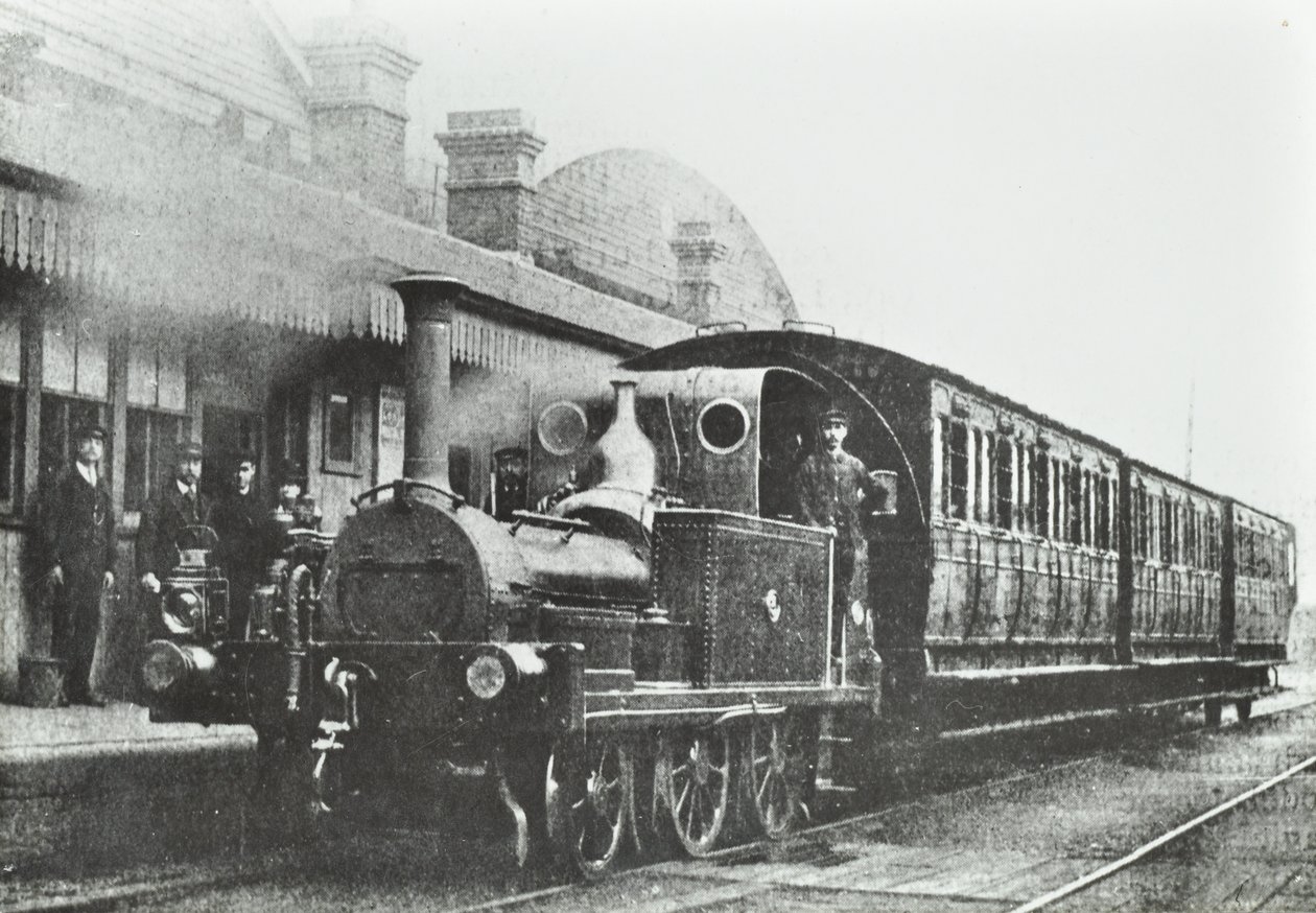 South Dock Station: una locomotiva a serbatoio a quattro ruote accoppiate alla stazione, 1880 da English Photographer