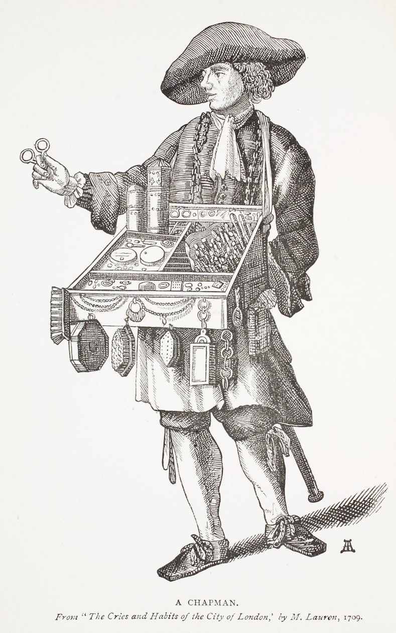 Un venditore ambulante, da The Cries and Habits of the City of London di M. Lauren, 1709, illustrazione del frontespizio da Chap-books of the Eighteenth Century di John Ashton, pub. 1882 da English School