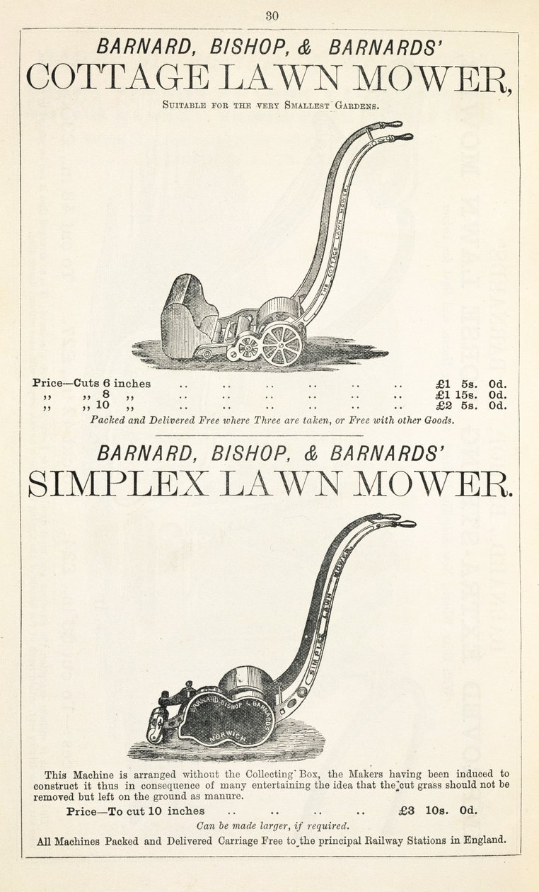 Un cottage e tosaerba Simplex, illustrazione da un catalogo di giardinaggio, pubblicato da Barnard Bishop & Barnard, 1878 da English School
