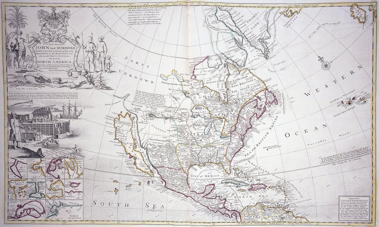 Una mappa a doppia pagina del Nord America, c.1708-20 da English School
