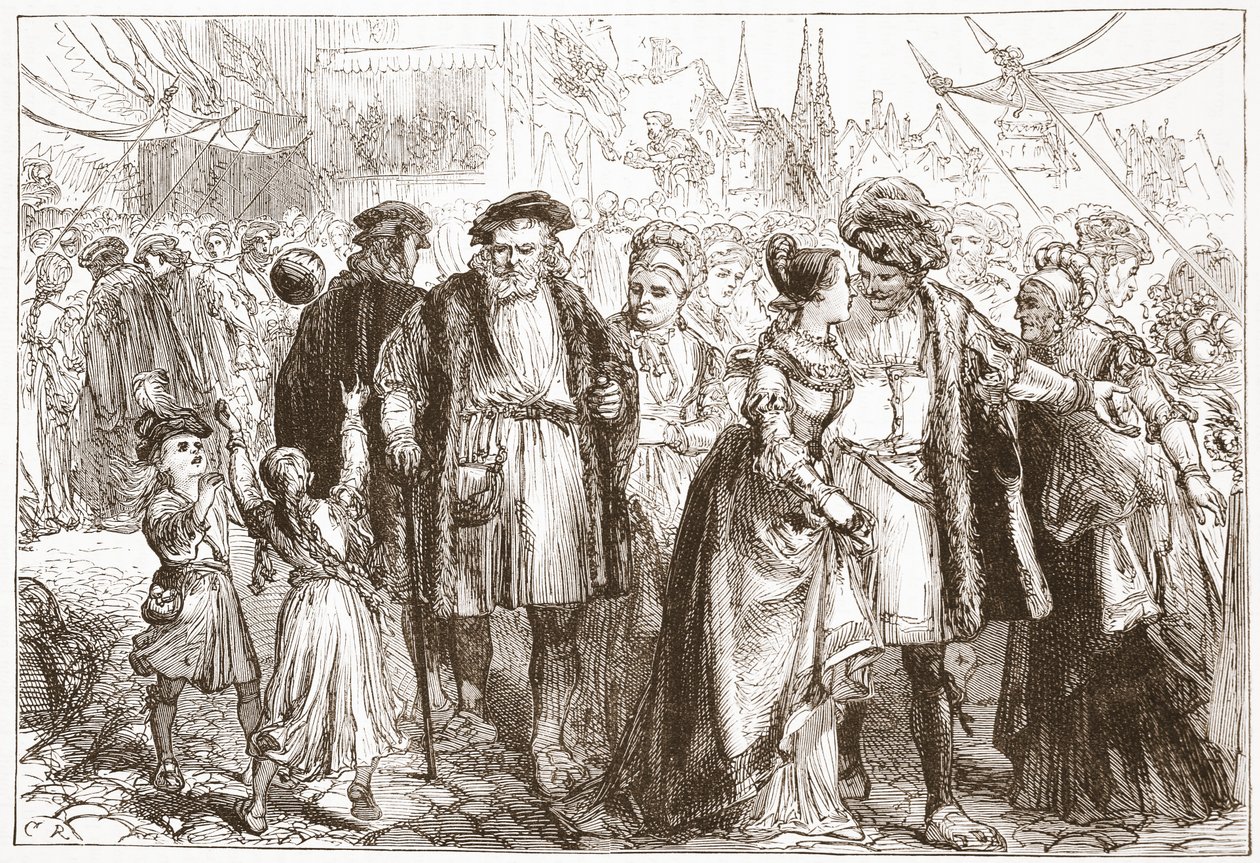 Un giorno di festa a Norimberga: tempo, XVI secolo, illustrazione da La storia del protestantesimo di James Aitken Wylie, pub. 1878 da English School
