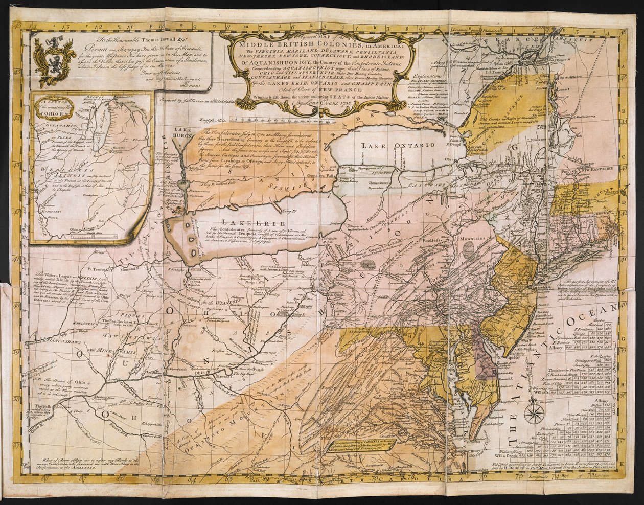 Mappa generale delle colonie britanniche centrali in America; cioè Virginia, Maryland, Delaware, Pennsylvania, New Jersey, New York, Connecticut e Rhode Island: di Aquanishuonîgy, il Paese degli Indiani Confederati... Dei laghi Erie, Ontario e Ch da English School