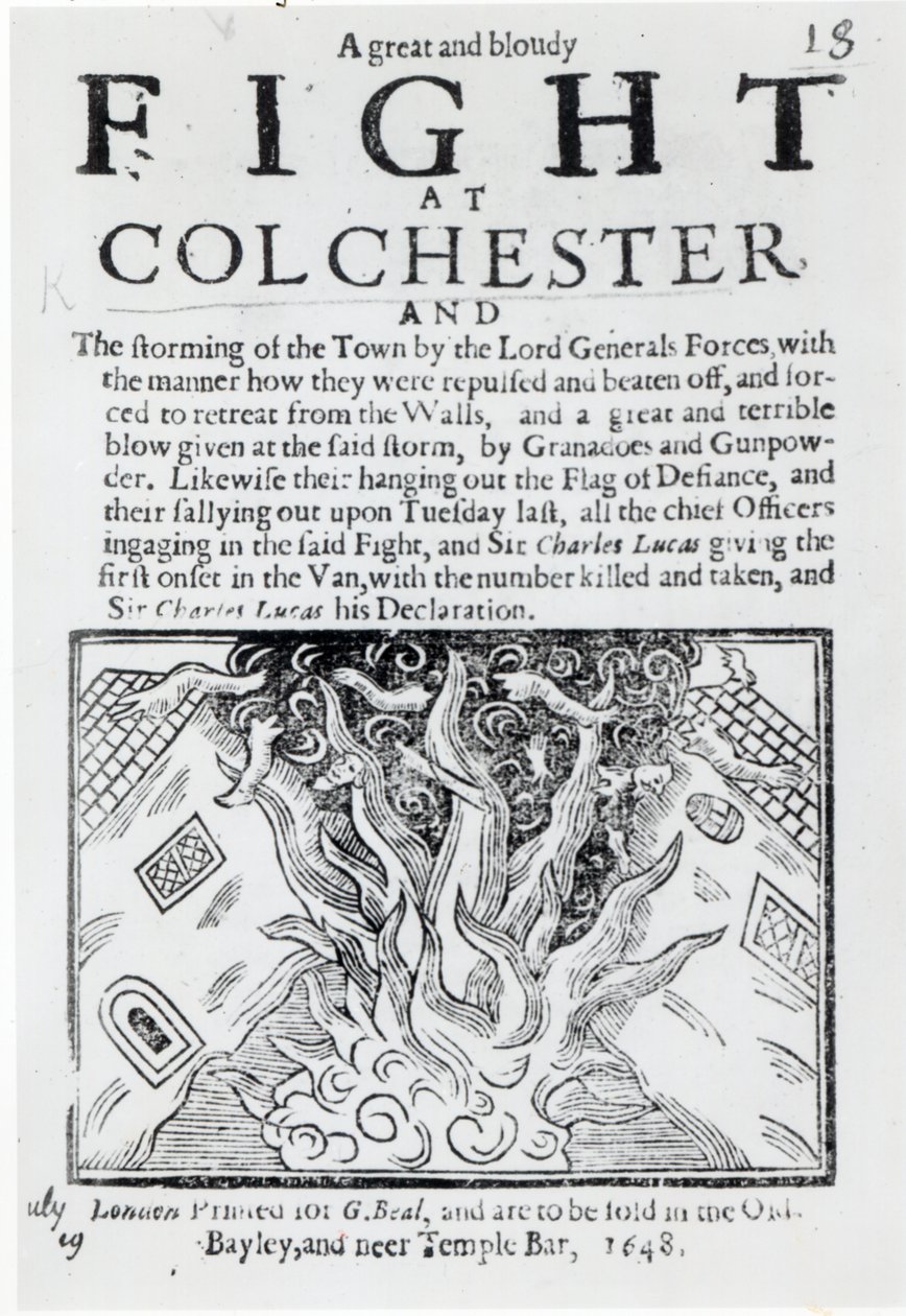 Una grande e sanguinosa battaglia a Colchester, stampata nel 1648 da English School