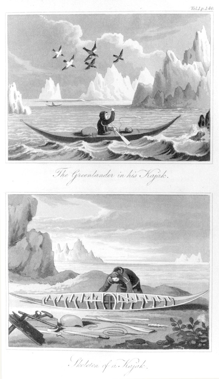 Un groenlandese e il suo kayak, da Storia della Groenlandia di David Crantz, 1820 da English School