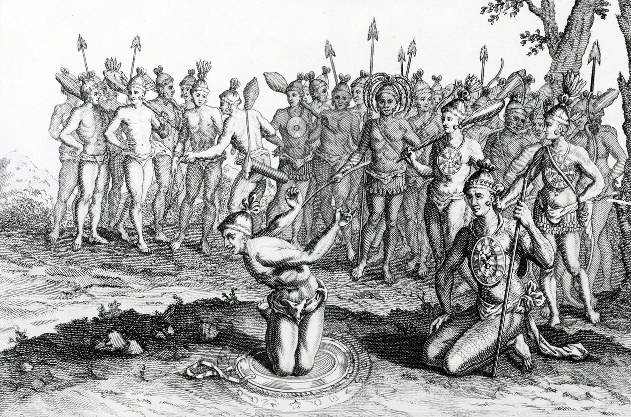 Un re della Florida consulta il suo mago prima di andare in battaglia, illustrazione tratta da Moores Voyages and Travels, 1778 da English School