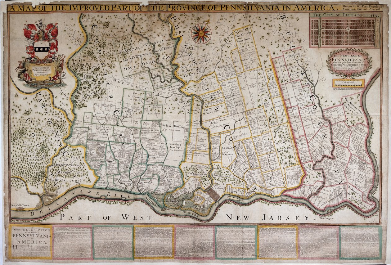 Mappa della parte migliorata della provincia della Pennsylvania in America, di Thomas Holme da English School