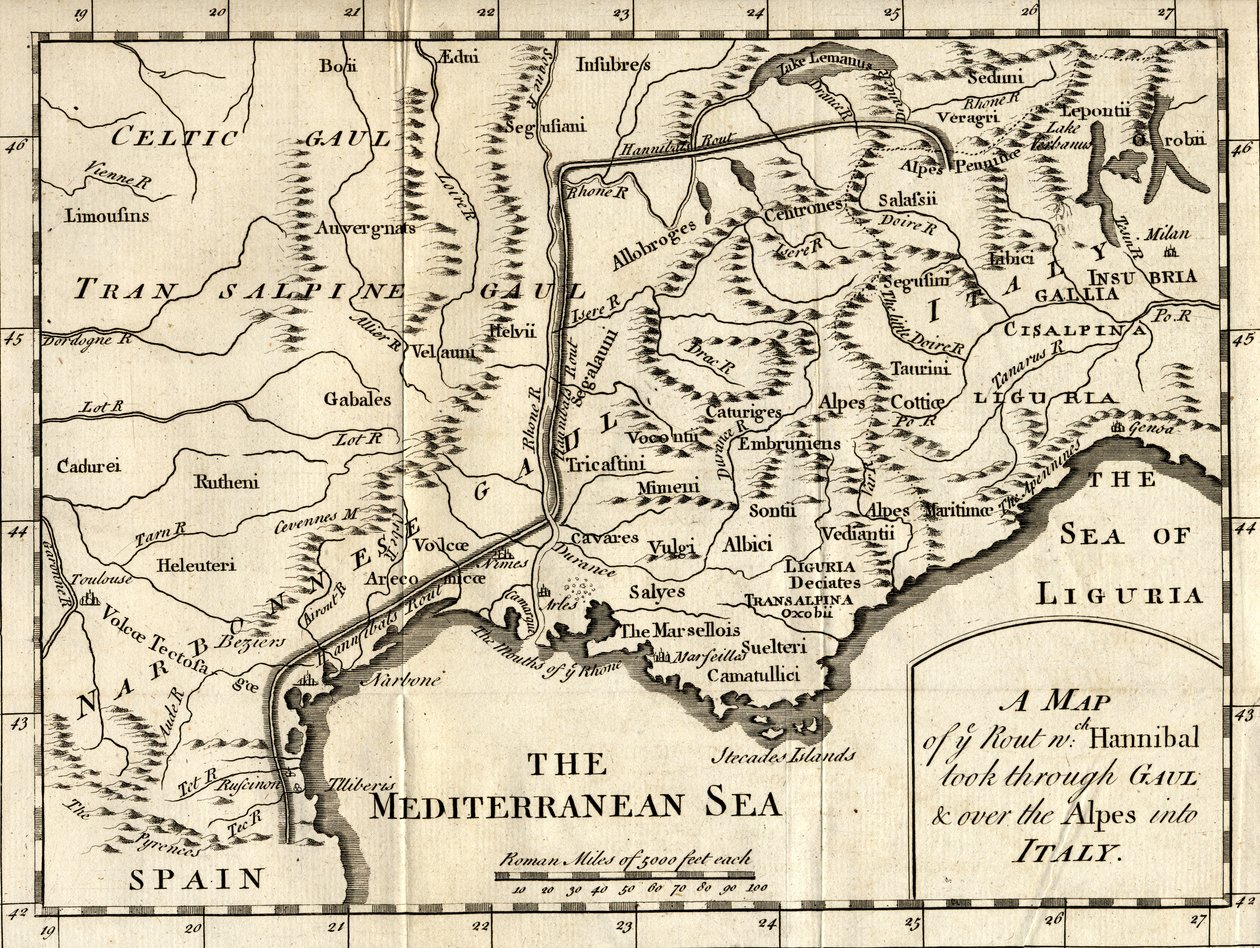 Mappa del percorso di Annibale attraverso la Gallia e le Alpi fino in Italia da English School