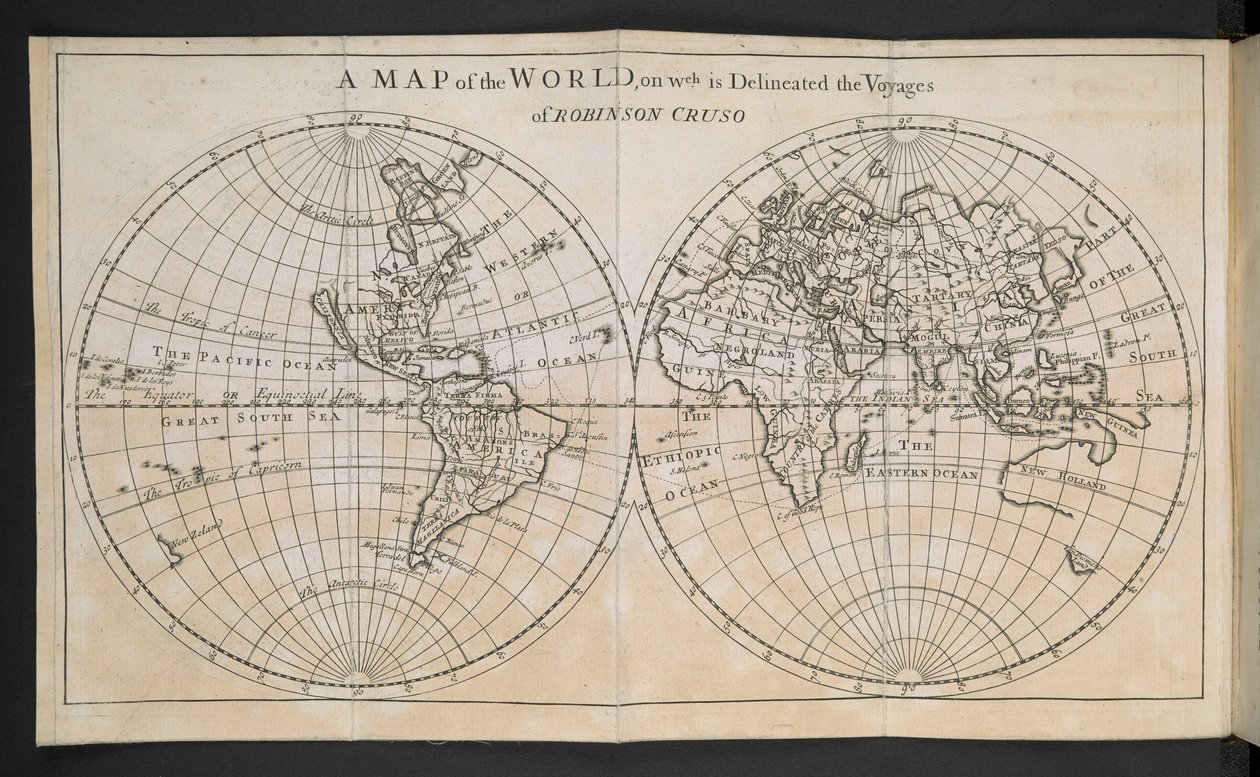 Una Mappa del Mondo, su cui sono delineati i Viaggi di Robinson Crusoe da English School
