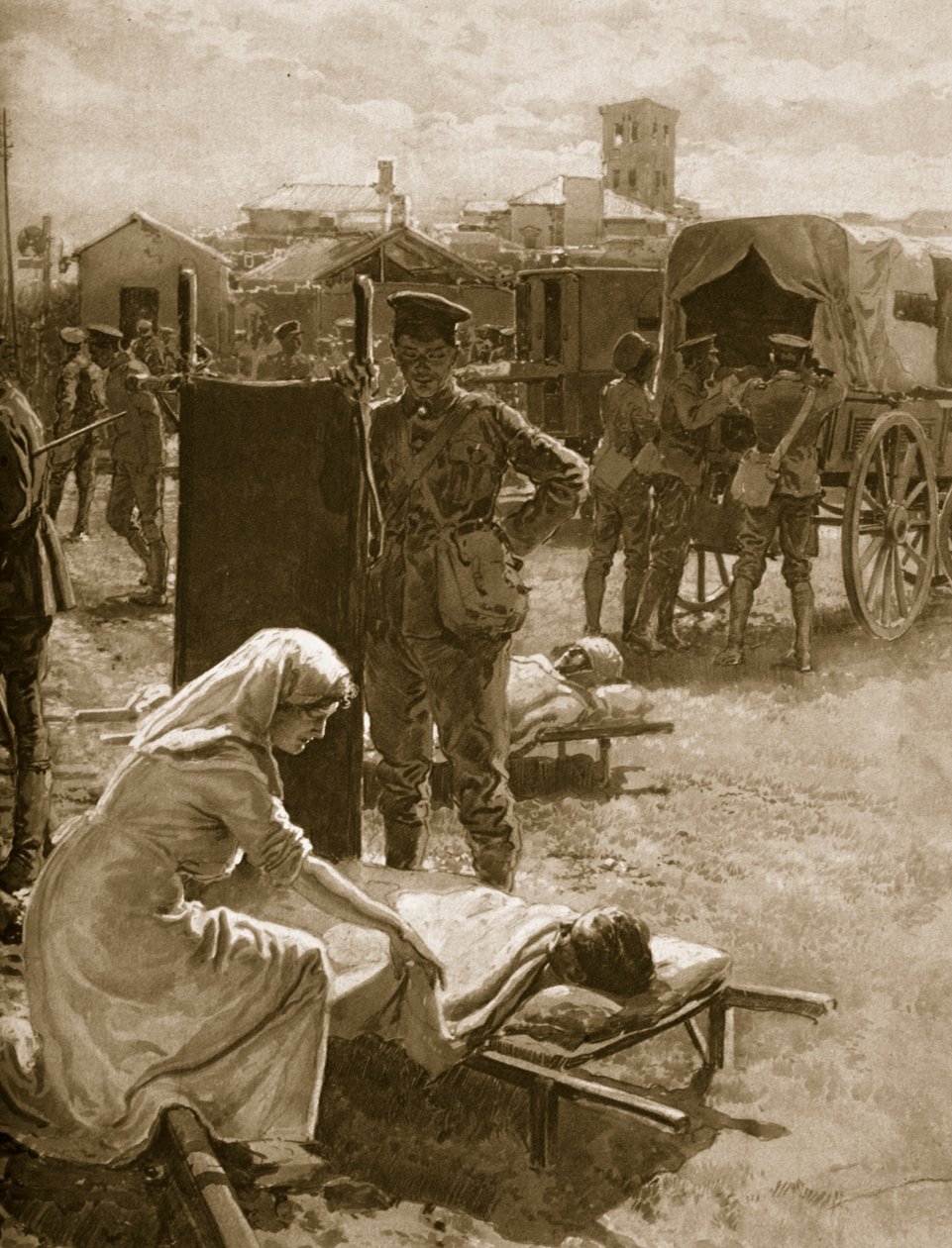 Una stazione medica che si occupa di soldati feriti, 1914-19 da English School