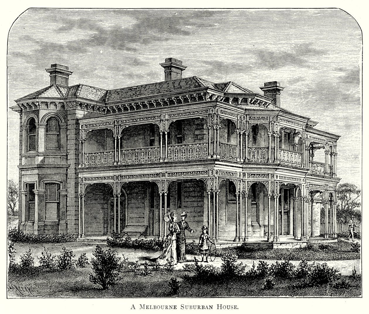 Una casa suburbana di Melbourne (incisione) da English School