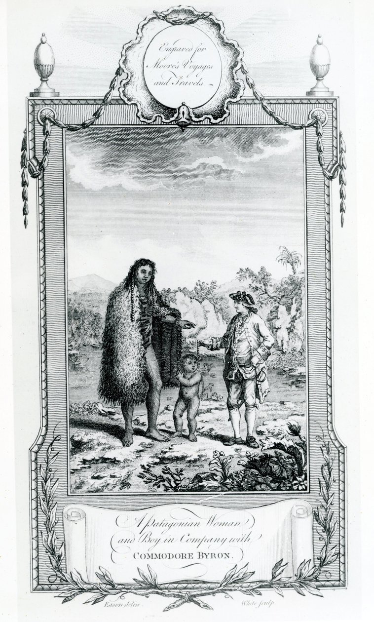 Donna e ragazzo patagonici in compagnia del commodoro Byron, illustrazione tratta da Moores Voyages and Travels, 1778 da English School