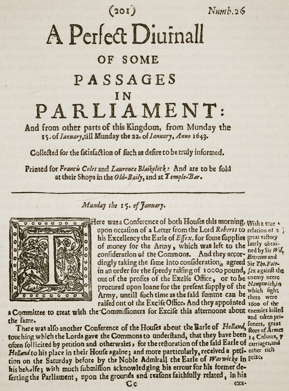 A Perfect Diurnall, facsimile della prima pagina del numero 26, 1643, illustrazione da Cassells Illustrated History of England da English School