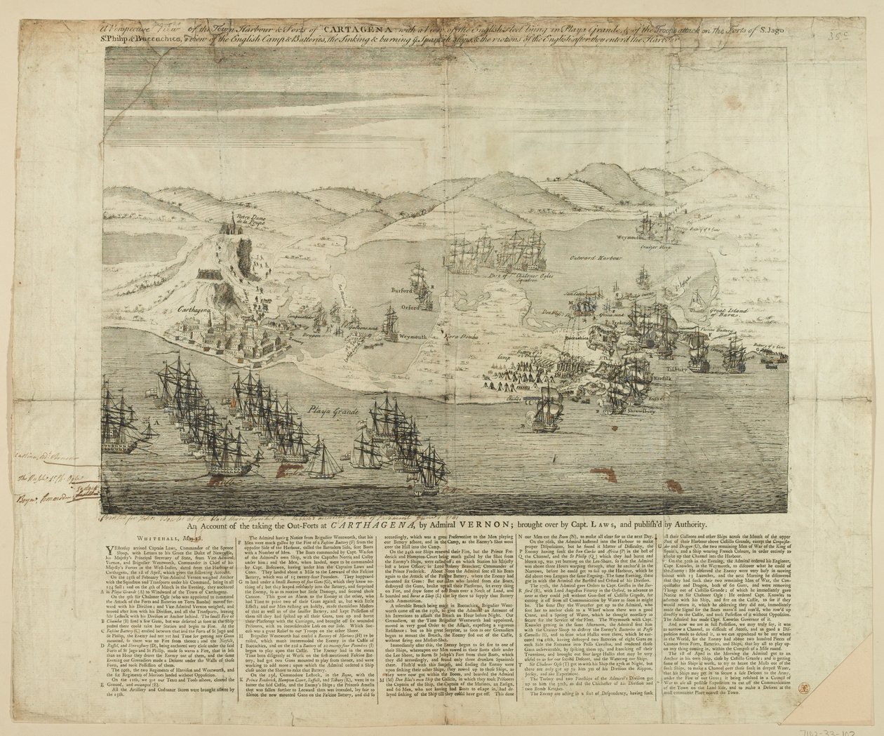 Disegno prospettico della città, del porto e dei forti di Cartagena nel 1739, pubblicato nel 1741 da English School