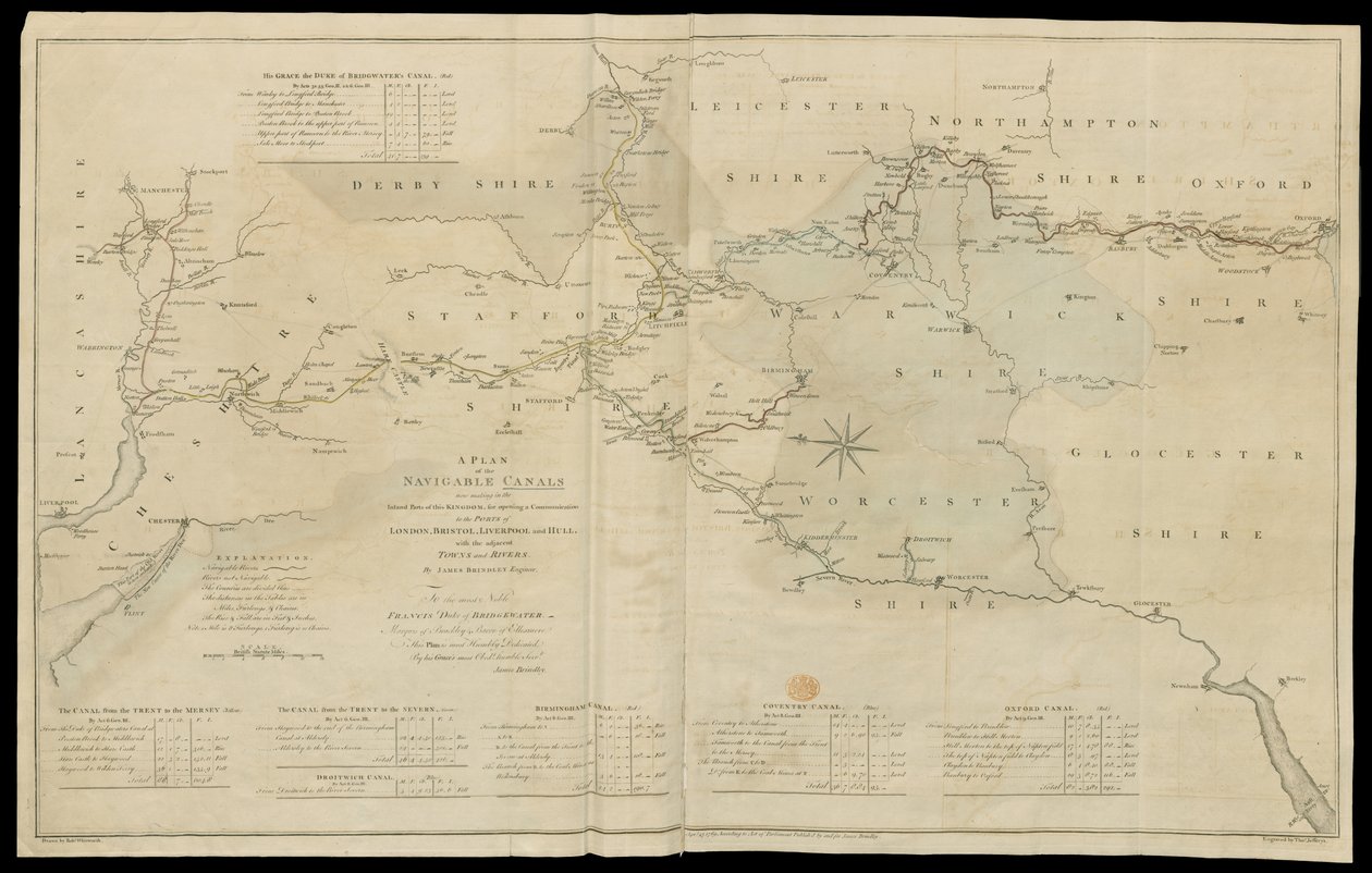 Piano dei Canali Navigabili ora in costruzione nelle Parti Interne del Regno, per aprire una Comunicazione ai Porti di Londra, Bristol, Liverpool e Hull, con le città e i fiumi adiacenti. / Di James Brindley Ingegnere. / Disegnato da Rob.t Whitworth. da English School