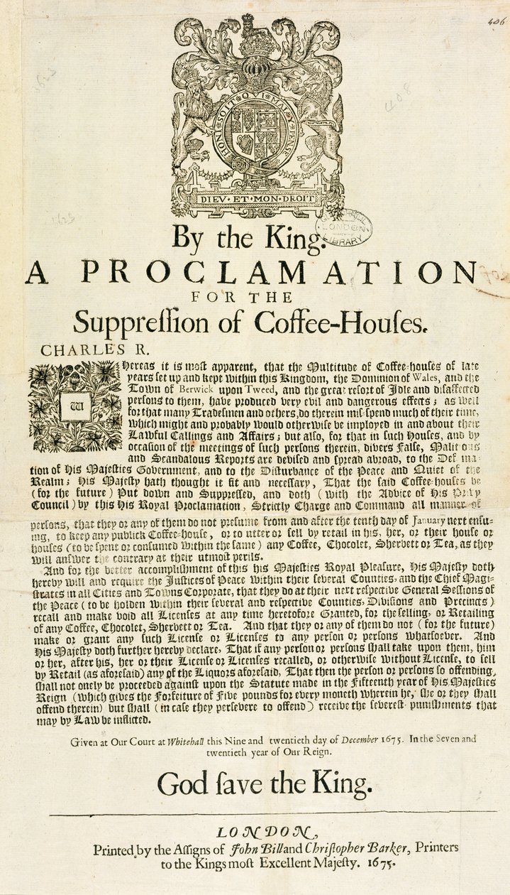 Proclamazione del Re per la Soppressione delle Case del Caffè, 1675 da English School