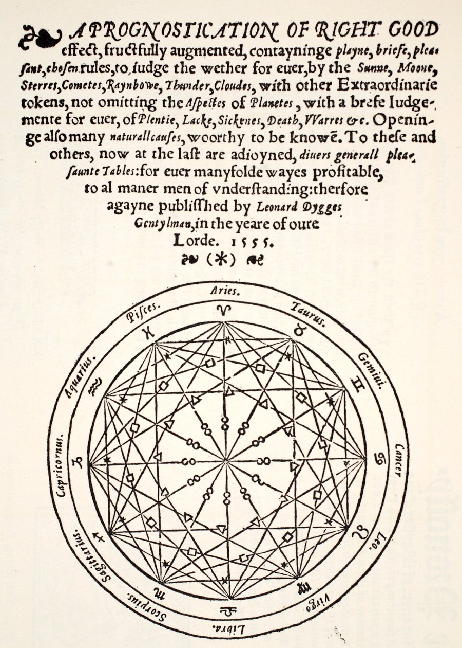 Una prognostica di buon auspicio, di Leonard Dygges, stampata da Thomas Gemini, Blacke Friars, Londra, 1555 da English School