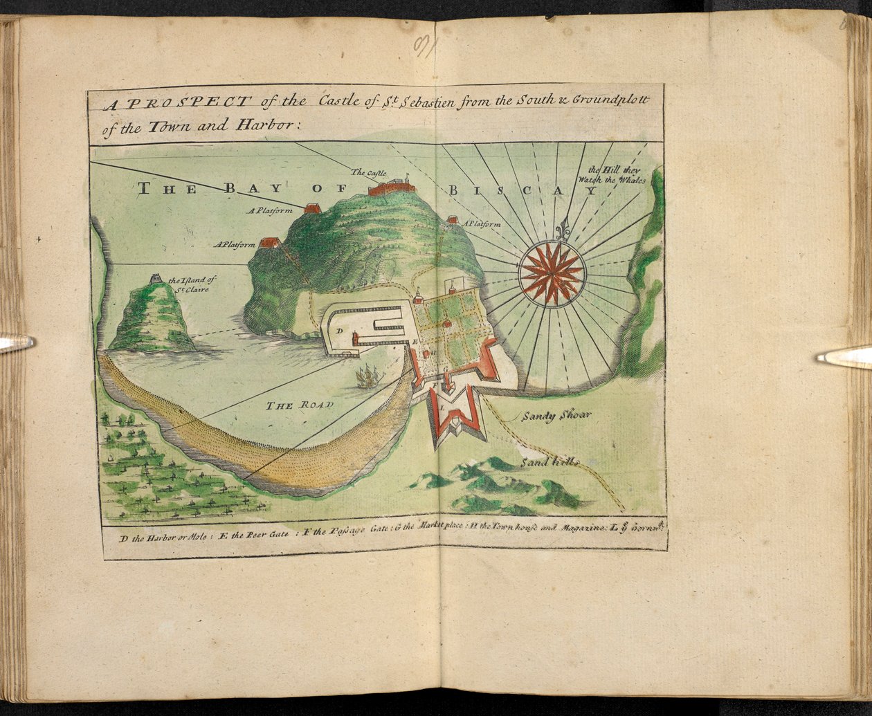 Una prospettiva del castello di San Sebastiano dal sud e pianta della città e del porto da English School