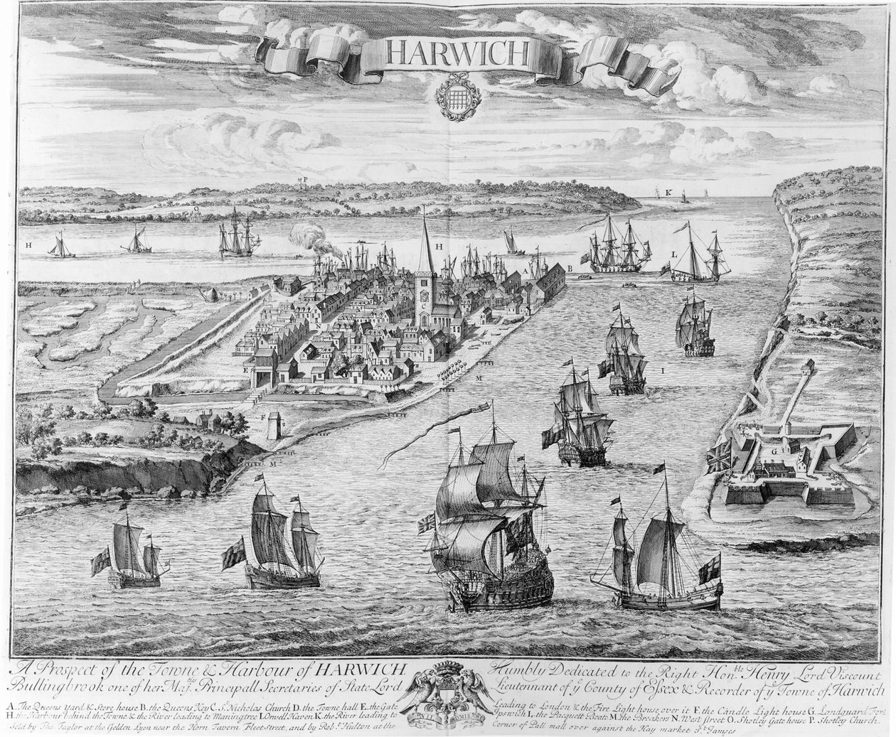 Una prospettiva della città e del porto di Harwich da English School