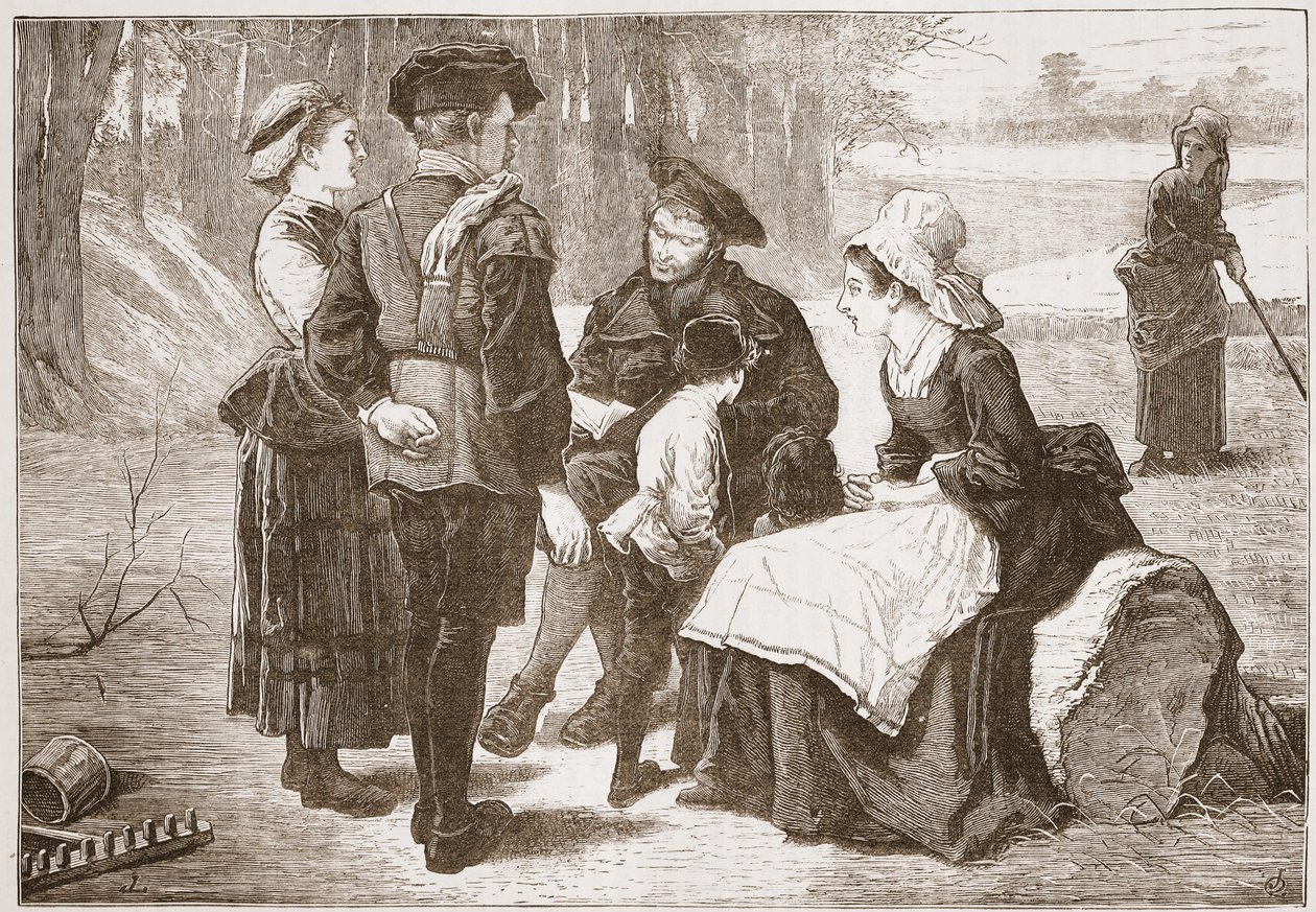 Un lavoratore protestante di Meaux che legge le Scritture ai suoi amici, illustrazione da The History of Protestantism di James Aitken Wylie, pub. 1878 da English School