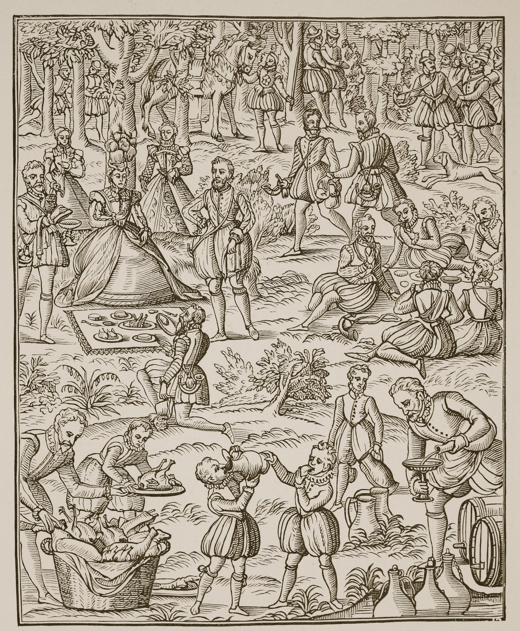 Un picnic reale, tavola da Noble Art of Venerie and Hunting di George Turberville, 1575 da English School