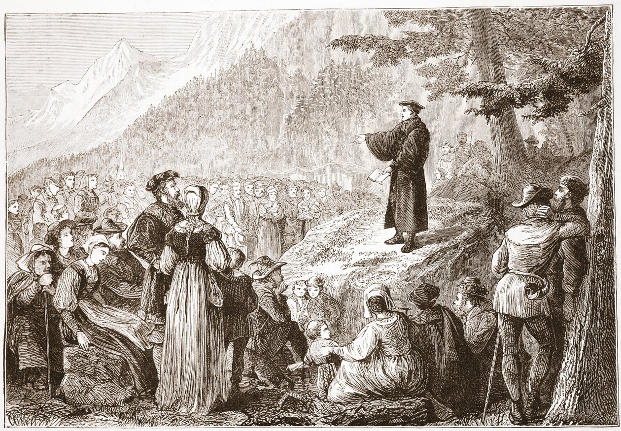 Un riformatore svizzero che predica al suo gregge in campo aperto, illustrazione da La storia del protestantesimo di James Aitken Wylie, pub. 1878 da English School