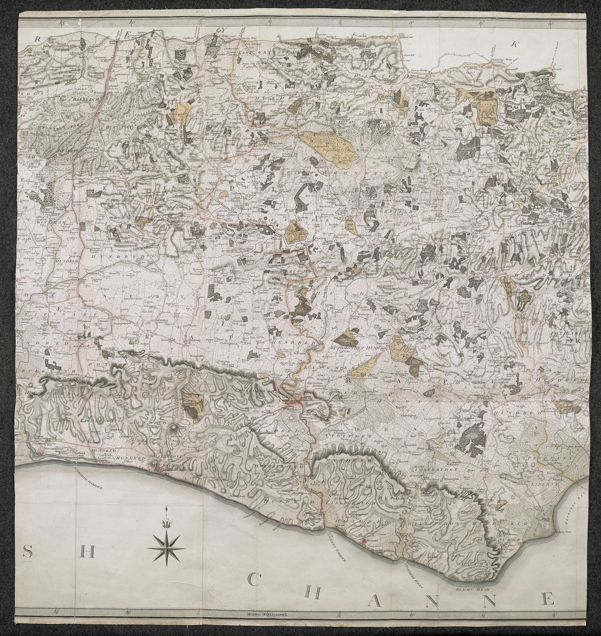 Mappa topografica della contea di Sussex, divisa in Rapes, Deanries e Hundreds. Pianificata da un