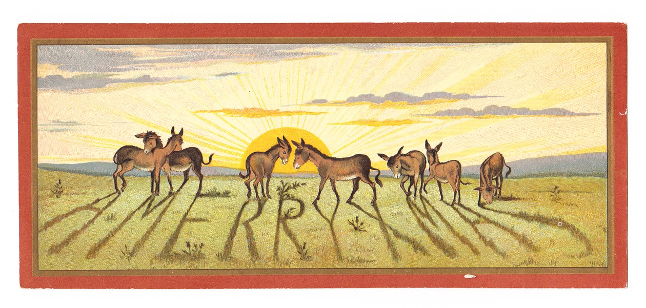 Cartolina di Natale Vittoriana con un Tramonto e Asini che Leggono 
