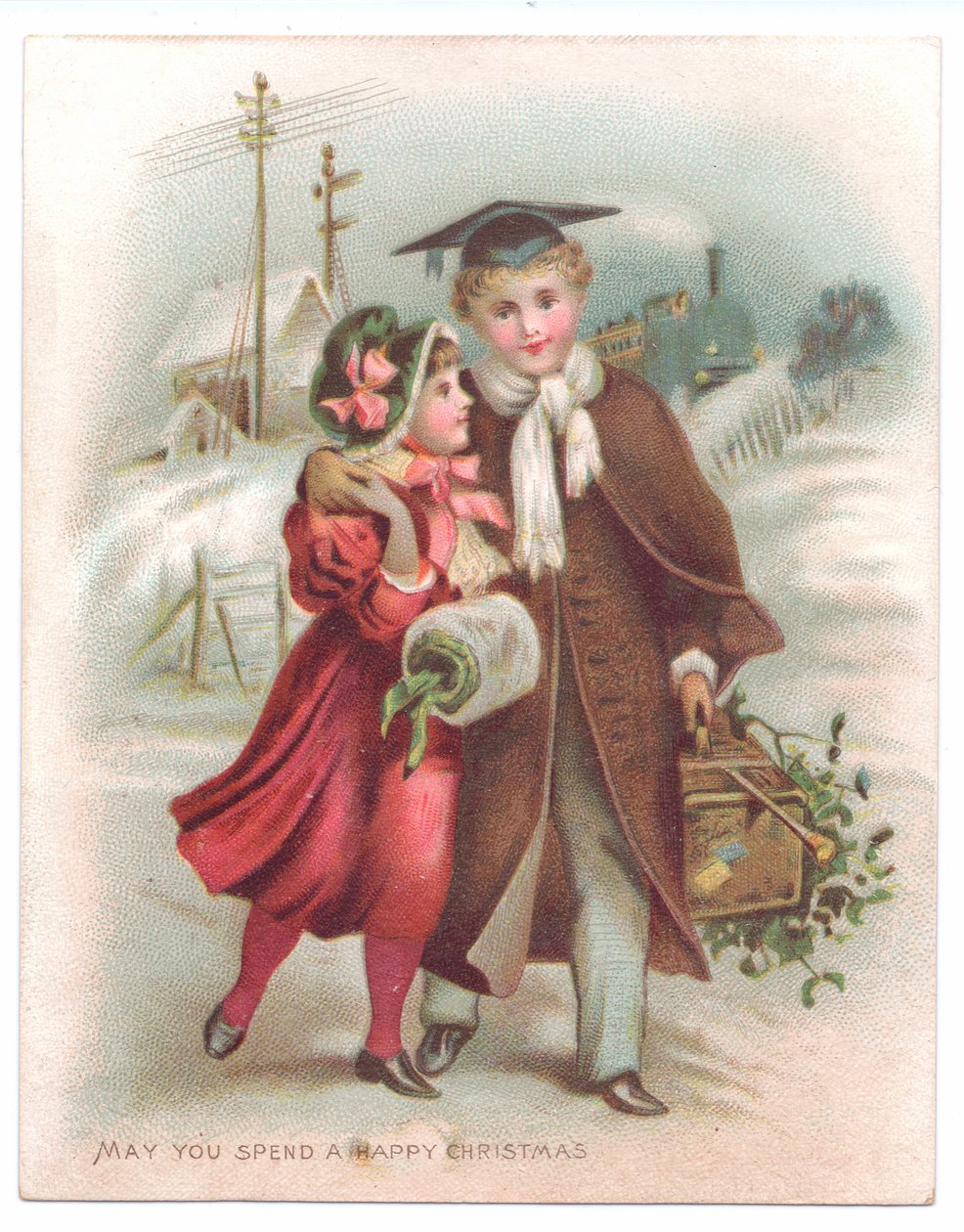 Cartolina natalizia vittoriana con un ragazzo che indossa un tocco accademico con il braccio intorno a una ragazza che cammina nella neve, c.1880 da English School