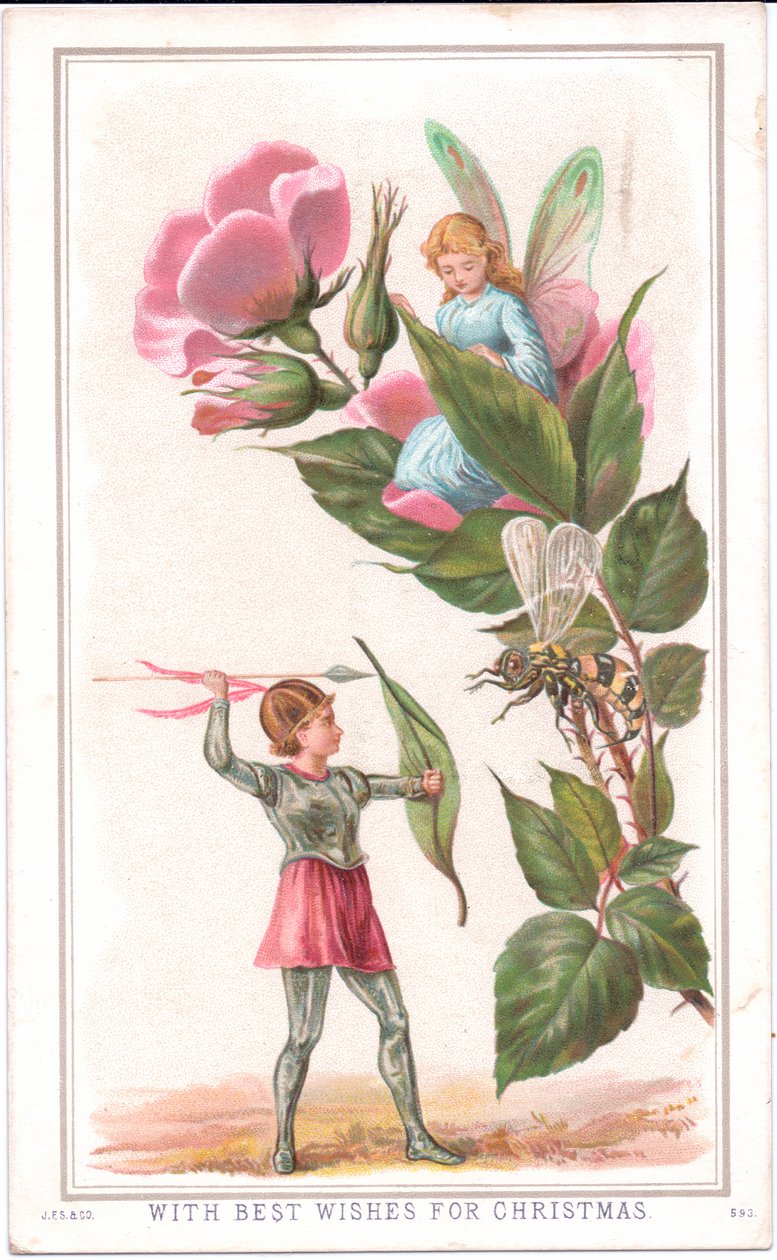 Cartolina di Natale vittoriana di una fata seduta su una rosa e un
