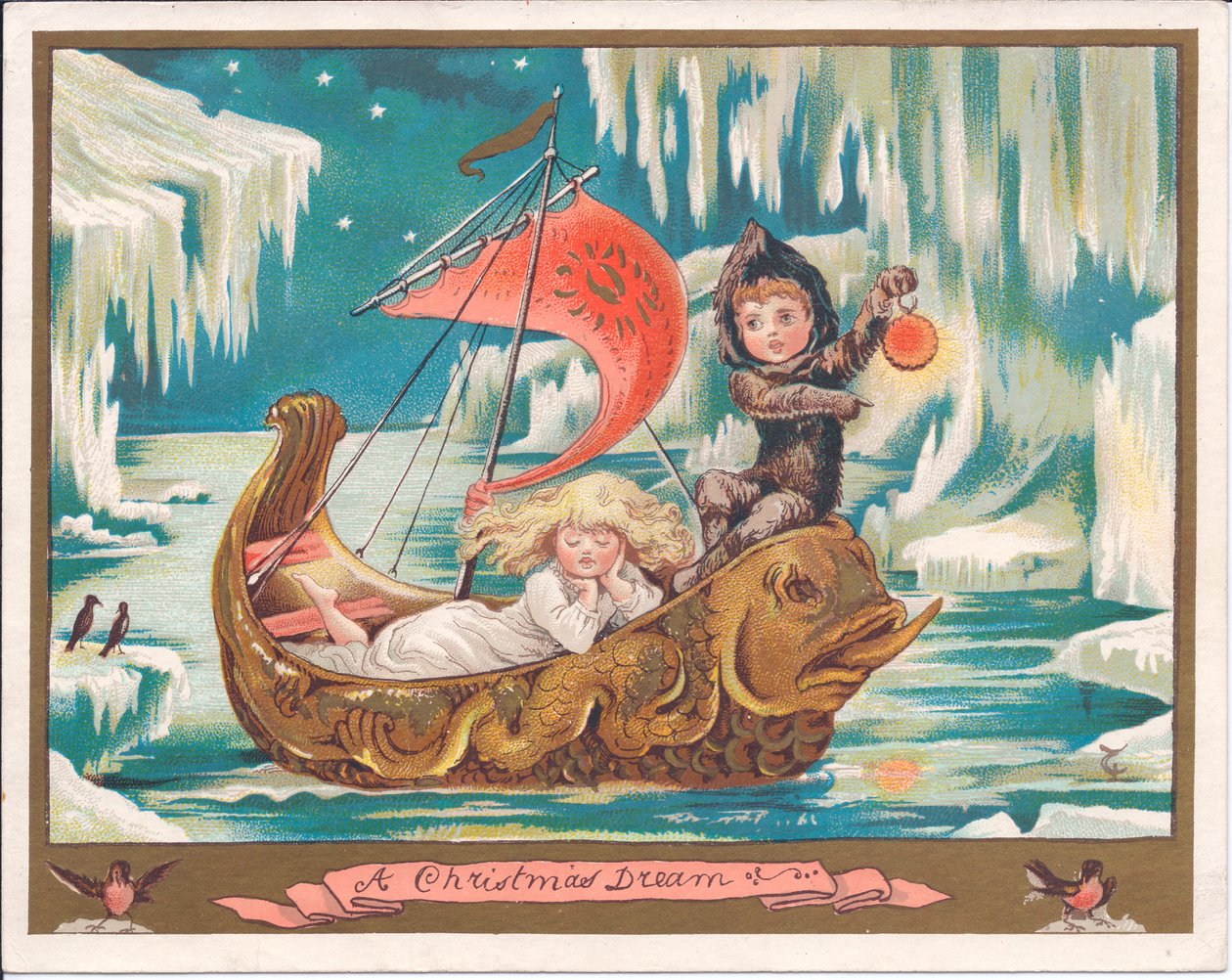 Cartolina natalizia vittoriana con una fata ragazza addormentata in una barca ornata a forma di delfino su un mare ghiacciato mentre un fata ragazzo tiene una lampada, c.1880 da English School