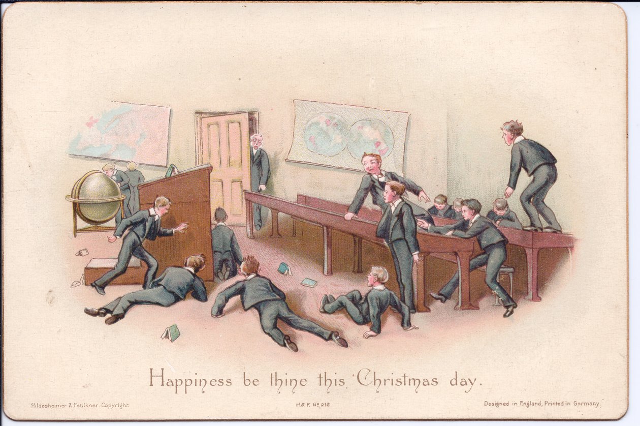 Cartolina di Natale vittoriana di un preside che guarda ragazzi indisciplinati in una classe, c. 1880 (litografia a colori) da English School