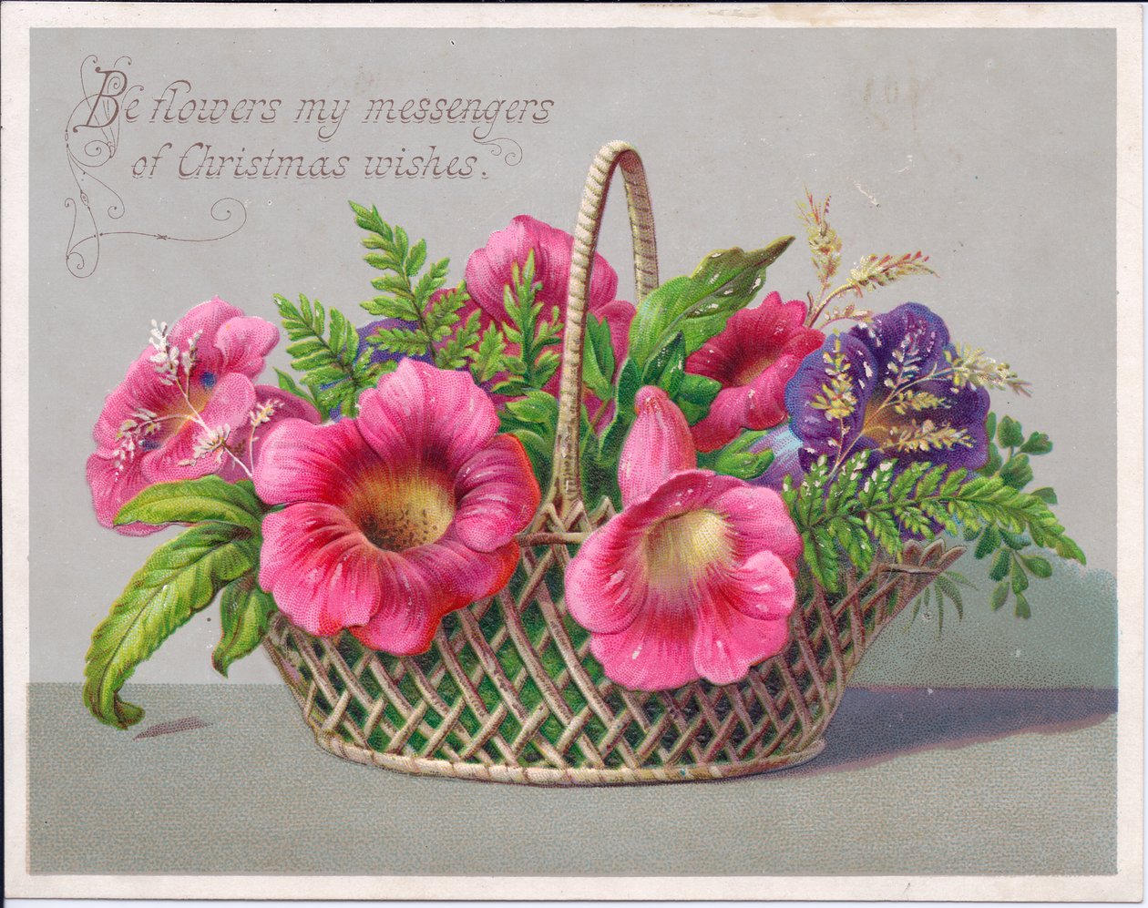 Cartolina natalizia vittoriana con fiori in un cesto di vimini, c.1880 da English School