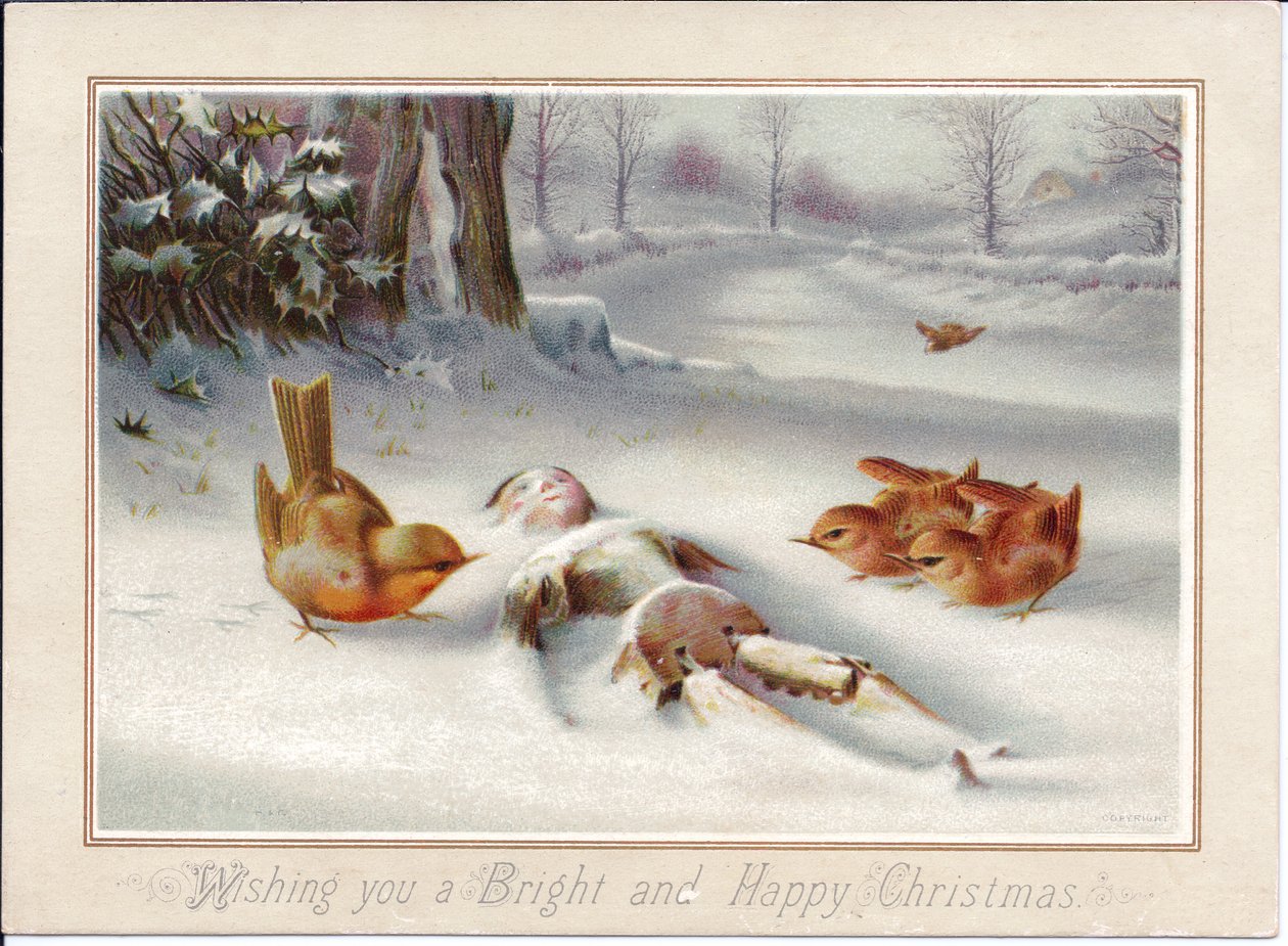 Biglietto di Natale vittoriano raffigurante un burattino di legno nella neve, 1880 circa (litografia a colori) da English School