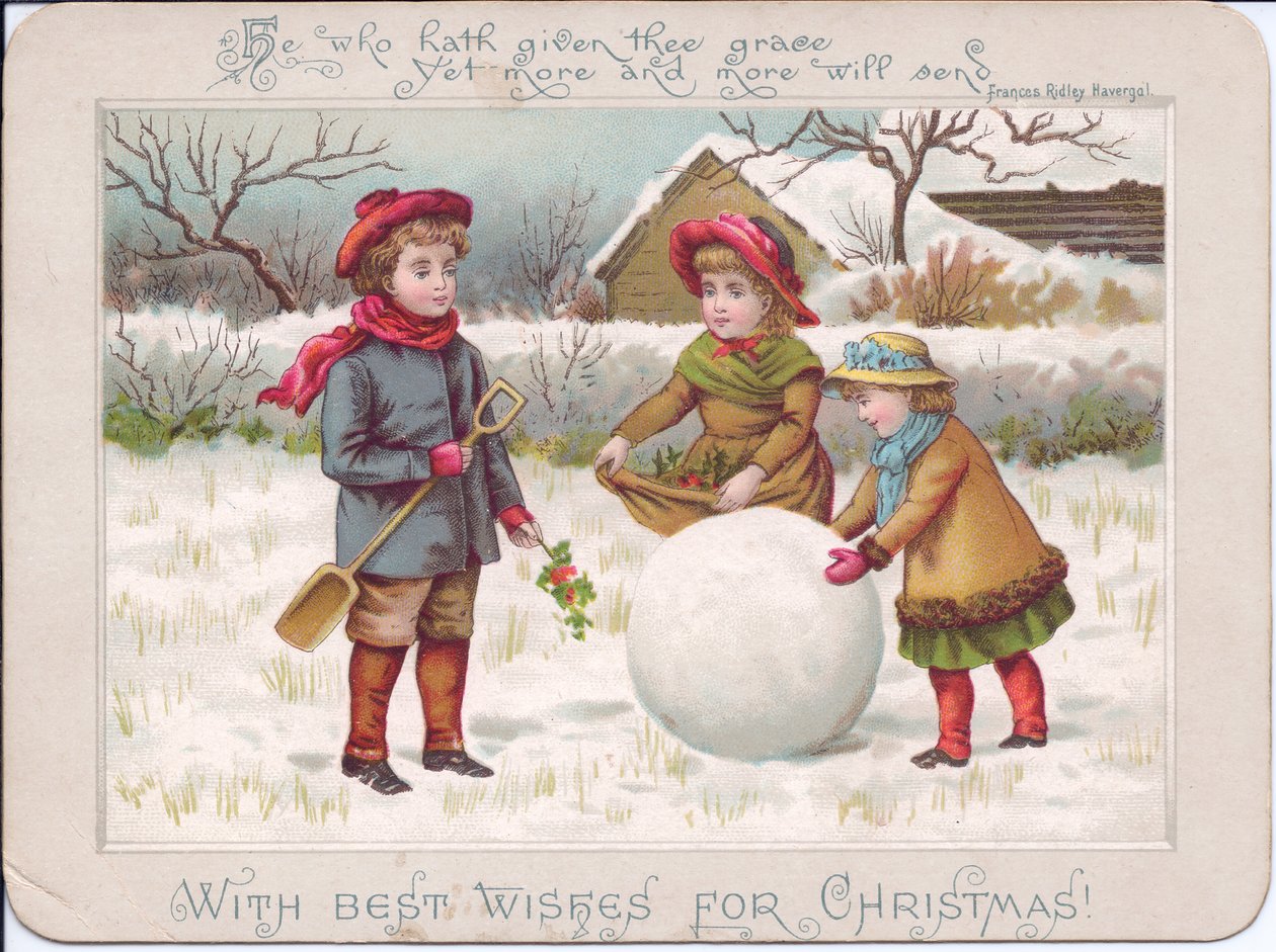 Biglietto di Natale vittoriano con tre bambini che giocano con una grande palla di neve, 1880 circa (litografia a colori) da English School