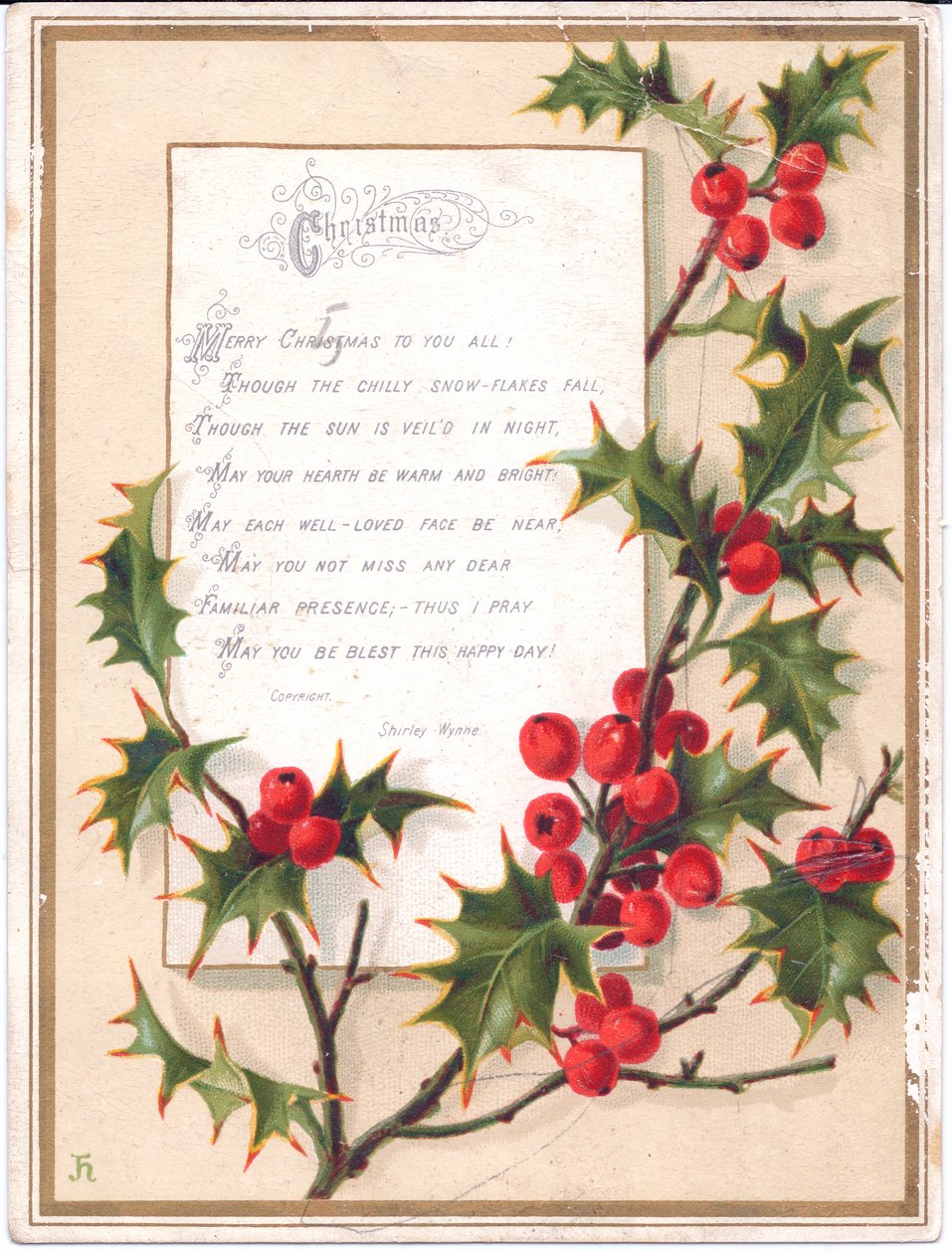 Cartolina di Natale Vittoriana con agrifoglio e verso, c.1880 da English School