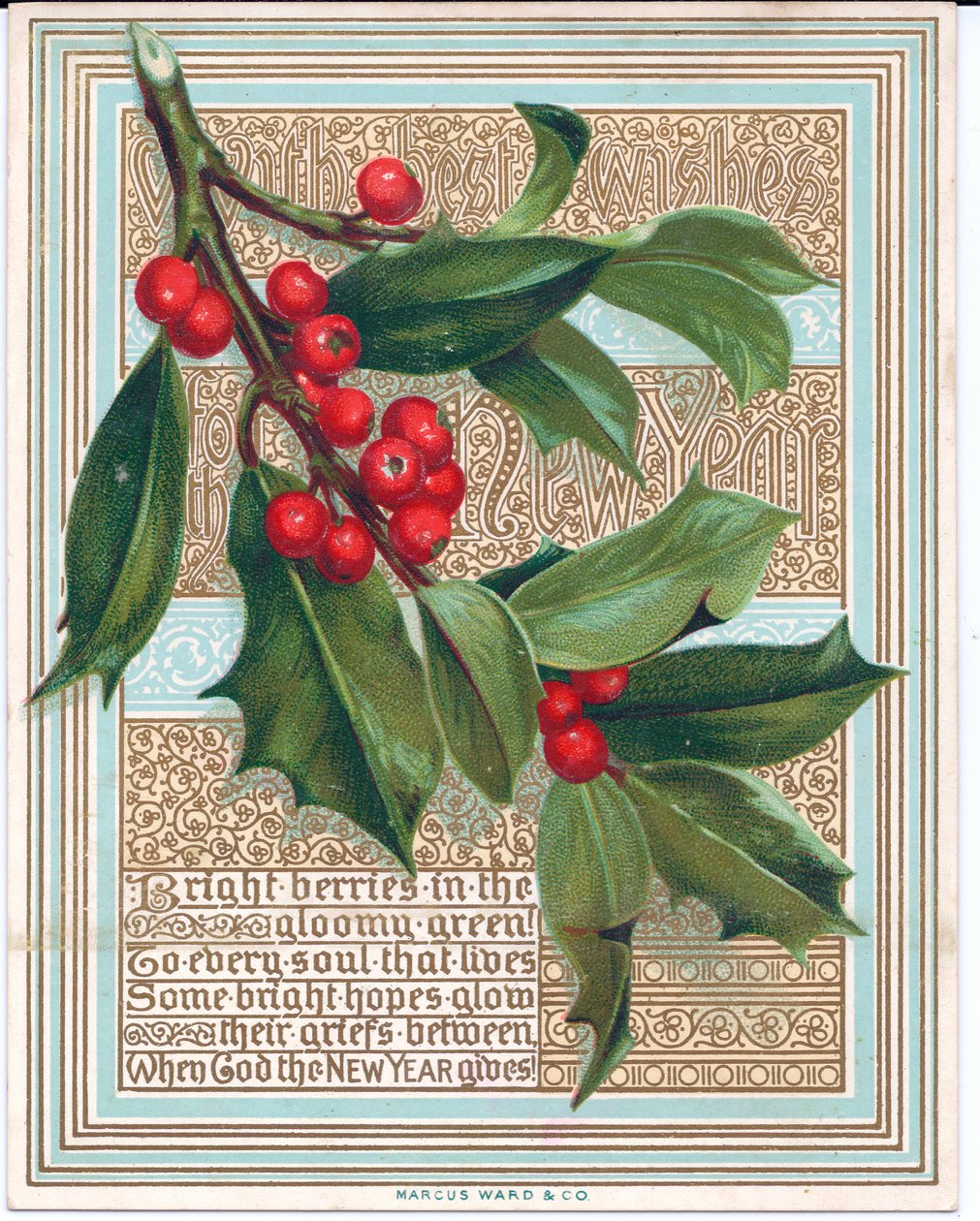 Un biglietto di Natale vittoriano con un ramo di agrifoglio che copre un verso. Pubblicato da Marcus Ward, circa 1880 da English School